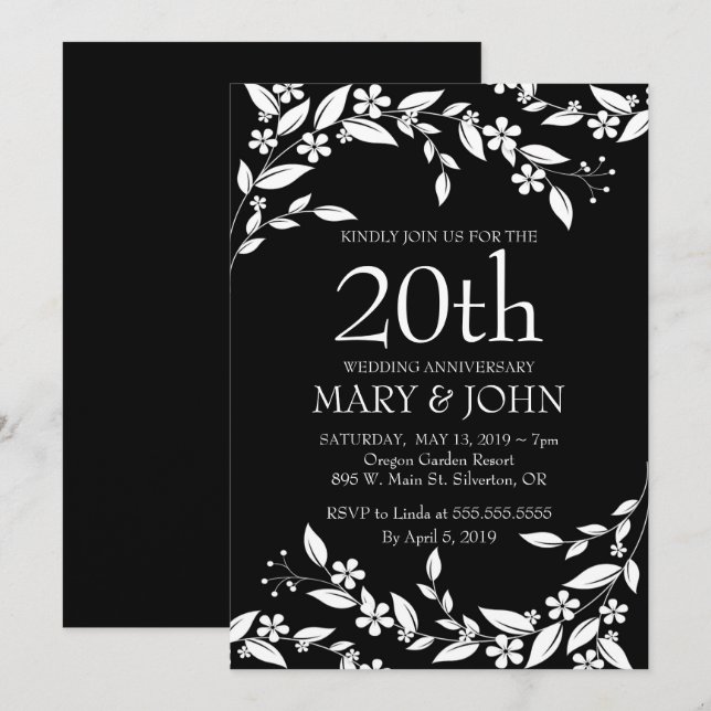 Convite de 20º Aniversário com design Floral Elega (Frente/Verso)