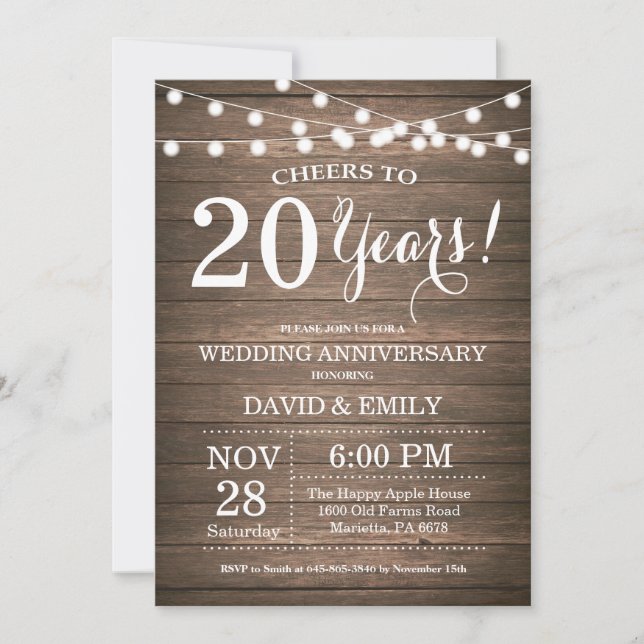 Convite de 20º Aniversário de Casamento Rustico Ma (Frente)