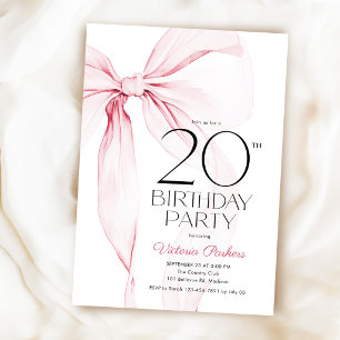 Convite de 20º Aniversário Laço Rosa Elegante Coqu