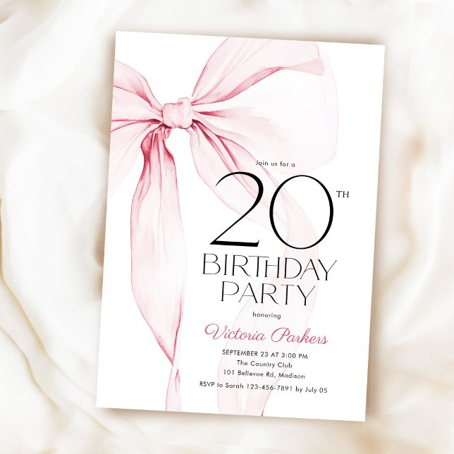 Convite de 20º Aniversário Laço Rosa Elegante Coqu (Criador carregado)