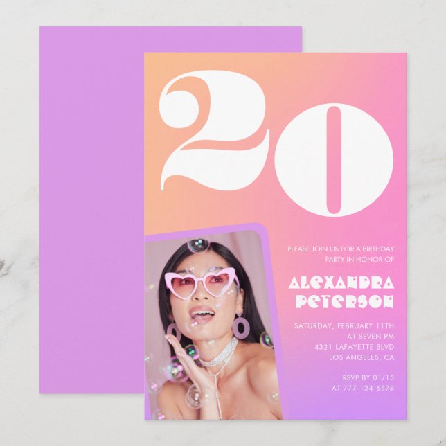 Convite de 20 anos Pink Orange Retro  (Frente/Verso)