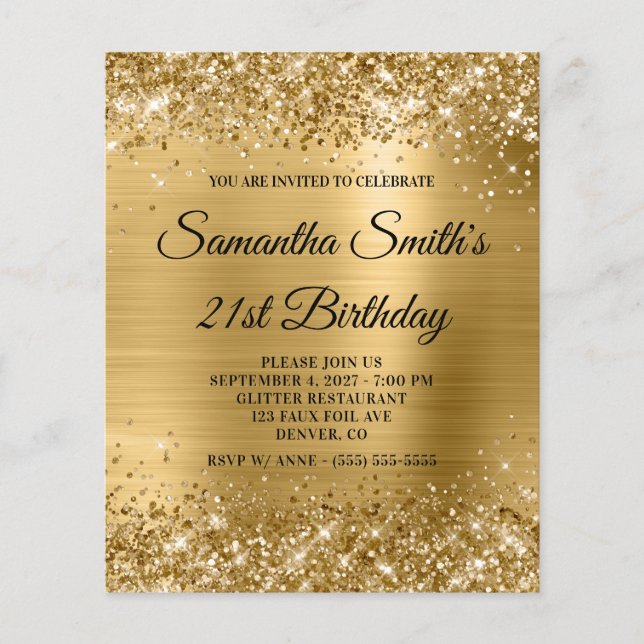 Convite de 21º Aniversário Glamouroso Dourado com  (Frente)
