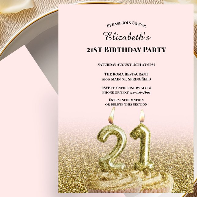 Convite de 21º Aniversário Rosa e Dourado Para Ela (Criador carregado)