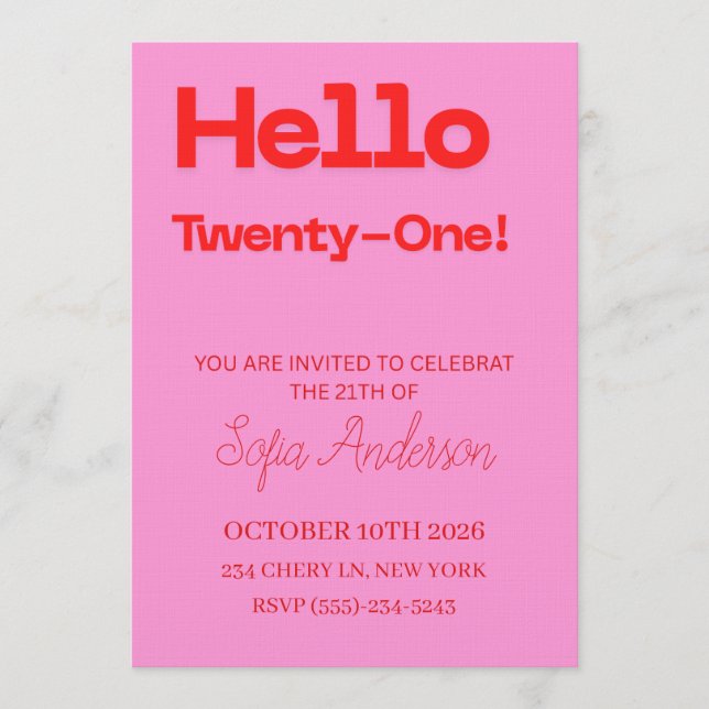 Convite de 21º Aniversário Rosa Vermelho Ousado (Frente)