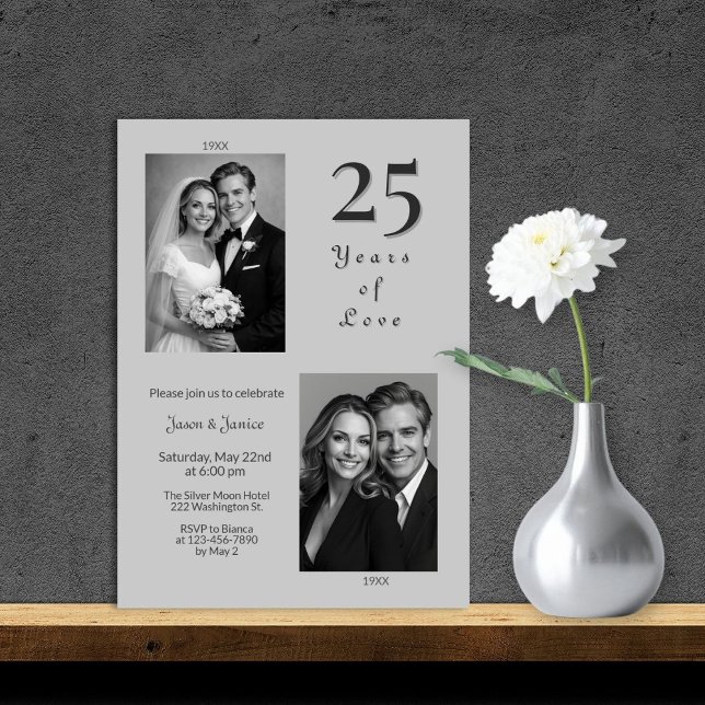 Convite de 25º Aniversário Prata Elegante (Criador carregado)