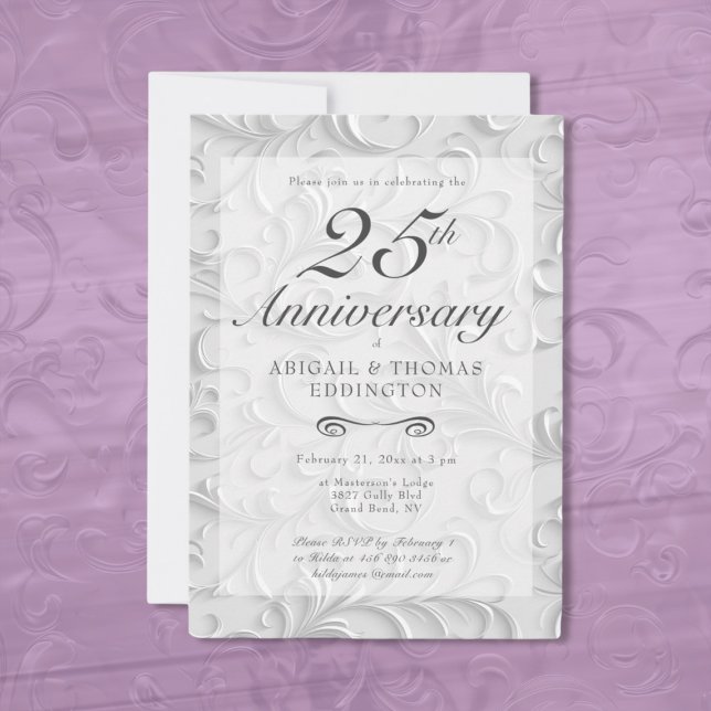 Convite de 25 de Casamento de Silver Swirls (Silver Swirls (Damask) 25th Wedding Anniversary Invitation)
