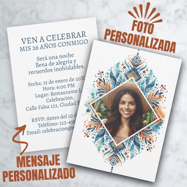 Convite de 26 Anos Boho Foto Personalizada (Foto Personalizada Invitación de 26 Años Boho Invitation)