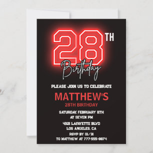 convite de 28º aniversário Neon Preto para homens