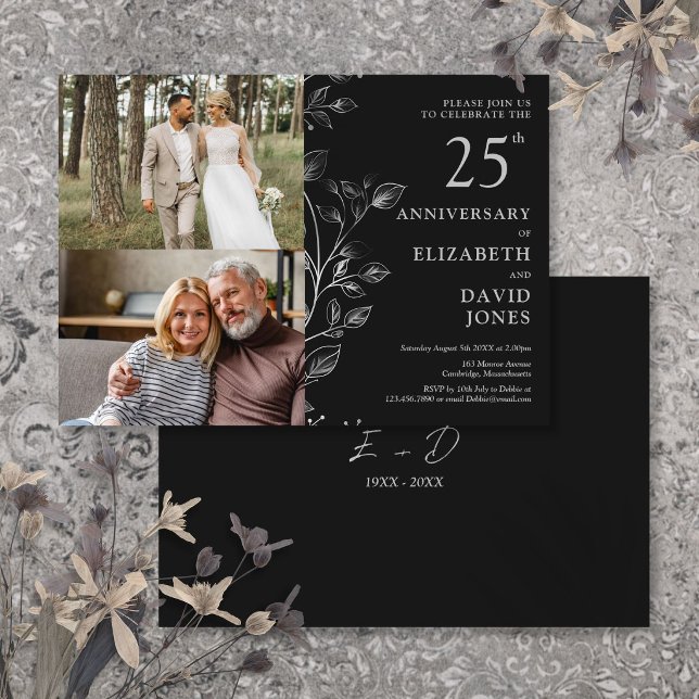 Convite de 2 Fotos para Bodas de Prata de 25 Anos  (Silver 25th Wedding Anniversary 2 Photo Invitation)