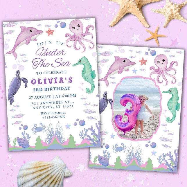 Convite de 3º Aniversário Animais Marinhos Fofos (Criador carregado)