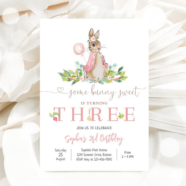 Convite de 3º Aniversário Bunny Floral (Criador carregado)