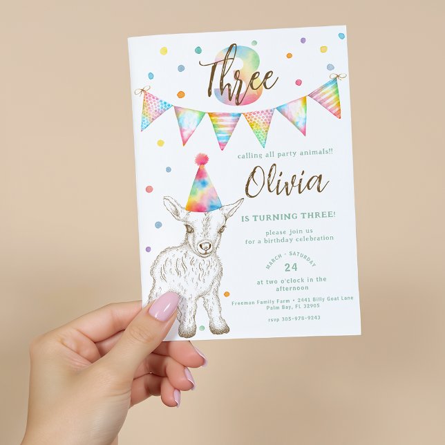 Convite de 3º aniversário da cabra animal de festa (3rd Birthday Party Invite)