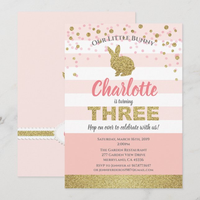 Convite de 3º aniversário de menina coelho rosa e  (Frente/Verso)