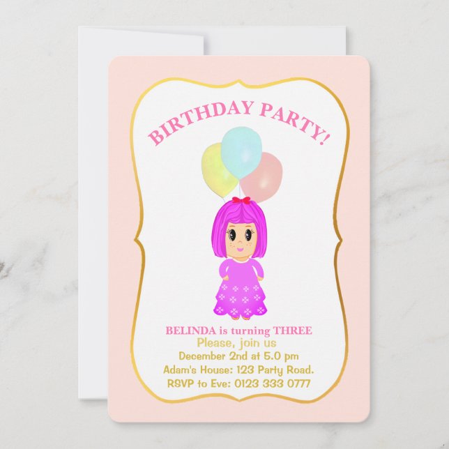 Convite de 3º Aniversário de Menina Fofa (Frente)