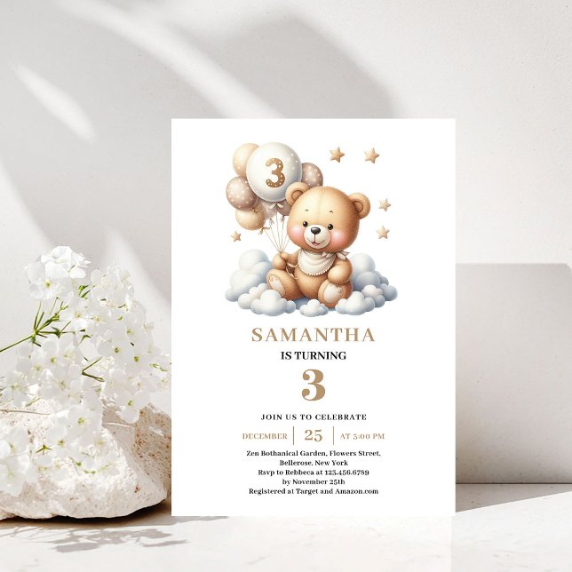 Convite de 3º Aniversário Fofo Urso de Pelúcia Bal (Cute 3rd Birthday Invite Teddy Bear Gold Balloons)