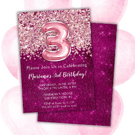 Convite de 3º Aniversário Menina Rosa Magenta Bril