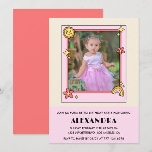 convite de 3º aniversário Retro Groovy Floral Rosa