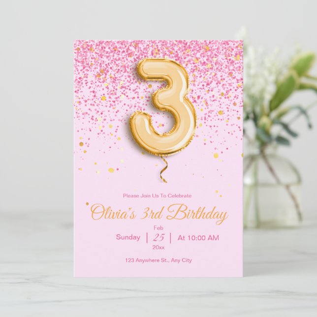 Convite de 3º Aniversário Rosa Brilho Menina Anive (Em pé/Frente)
