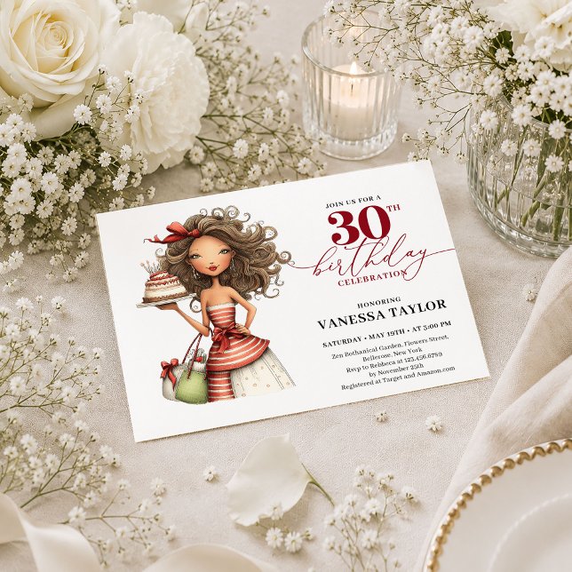 Convite de 30º Aniversário Burgundy com Letra Esti (Stylish Funny Woman 30th Birthday Burgundy Script Card

)