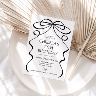 Convite de 30º Aniversário com Laço Preto Desenhad