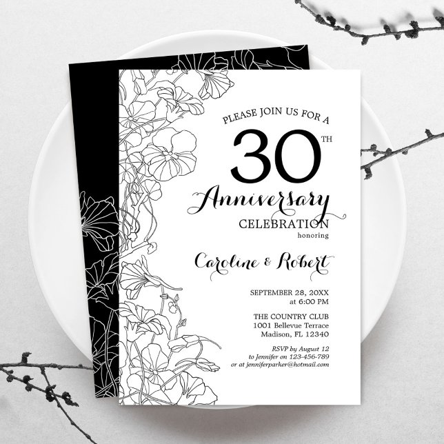 Convite de 30º Aniversário - Floral Preto Branco (Criador carregado)
