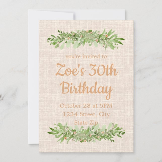 Convite de 30º Aniversário – Linen Greenery | Trin (Frente)