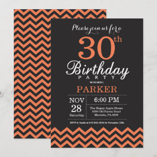 Convite de 30º Aniversário Preto e Chevron Coral