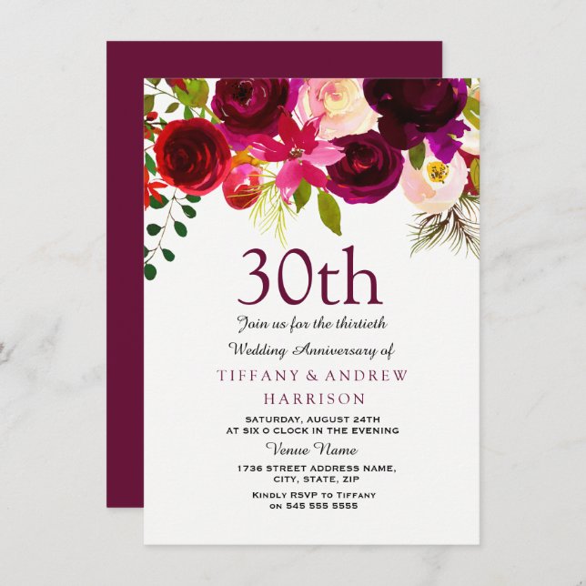 Convite de 30 anos de casamento com flores burgund (Frente/Verso)