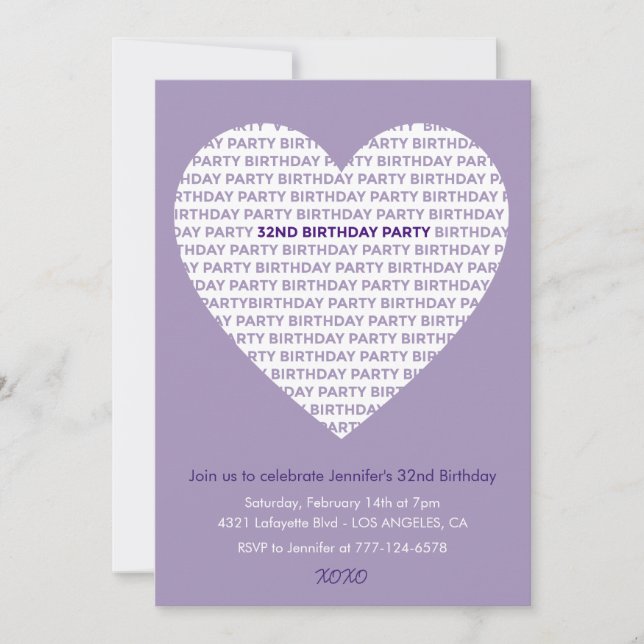 convite de 32º aniversário tipografia Menina Roxo (Frente)