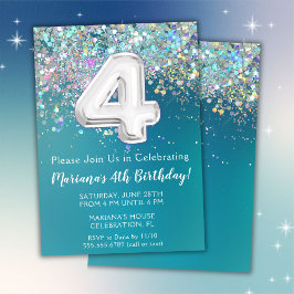Convite de 4º Aniversário Brilho Teal Prata