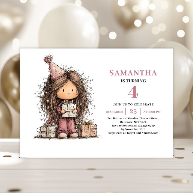 Convite de 4º Aniversário da Menina Caprichosa Kit (Whimsical Girl 4th Birthday Invitation Pink Kit)