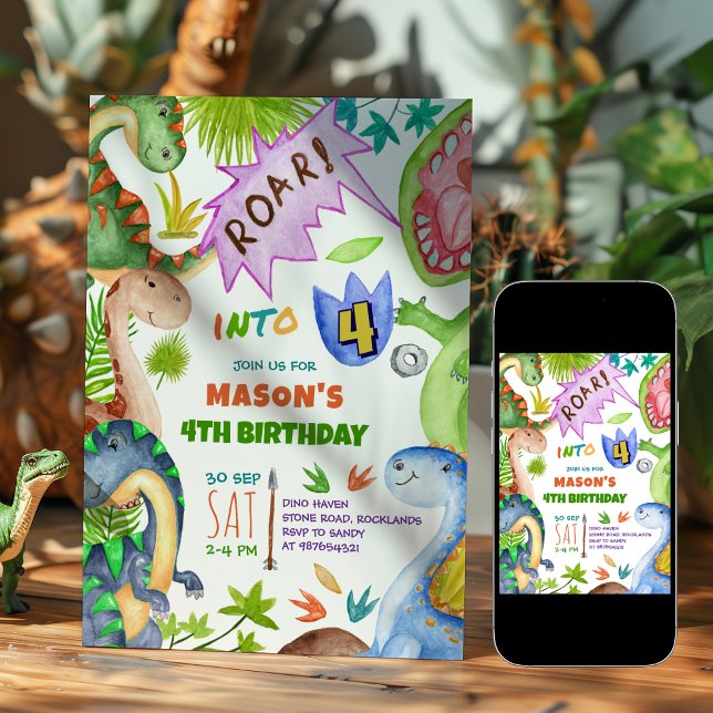 Convite de 4º aniversário de dinossauro menino (Criador carregado)
