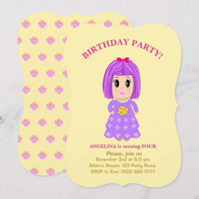 Convite de 4º Aniversário de Menina Fofa (Frente/Verso)