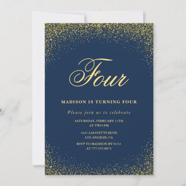 Convite de 4º aniversário elegante Dourado Marinho (Frente)