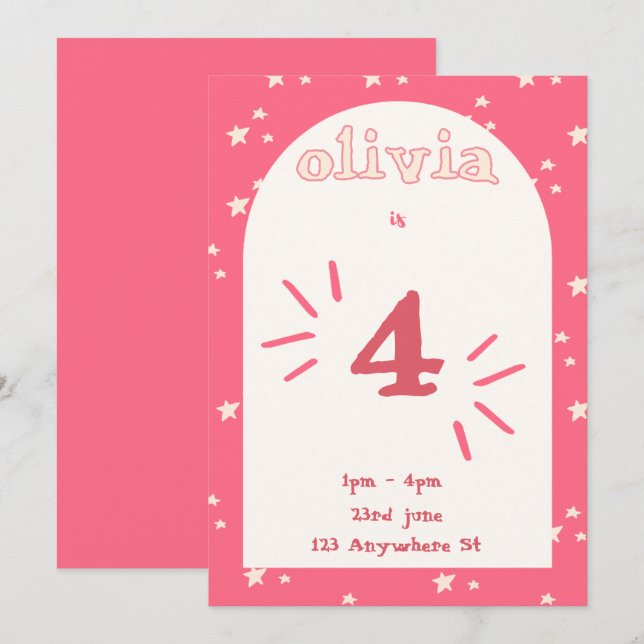 Convite de 4º aniversário menina  (Frente/Verso)