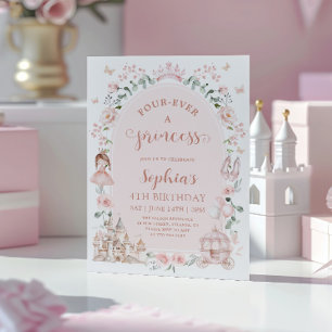 Convite de 4º Aniversário Menina Princesa Rosa Blu