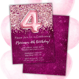 Convite de 4º Aniversário Menina Rosa Magenta Bril