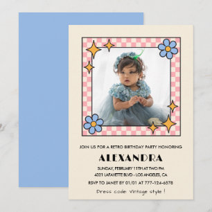 convite de 4º aniversário Retro Groovy Azul Floral