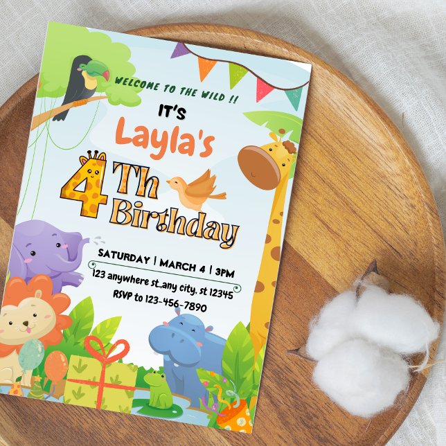 Convite de 4º Aniversário Temático de Safari Fofo  (Cute Safari Themed 4th Birthday Invitation for Kids)