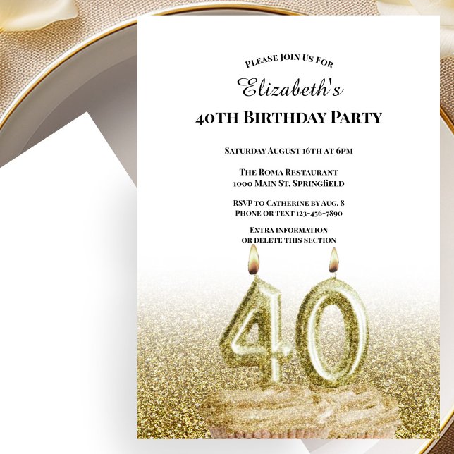 Convite de 40º Aniversário Branco e Dourado Para E (Criador carregado)