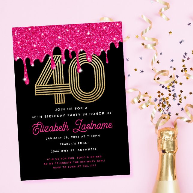Convite de 40º Aniversário com Efeito Drip de Bril (Criador carregado)