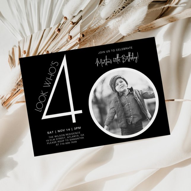 Convite de 40º Aniversário com Foto Moderna Preta (Criador carregado)