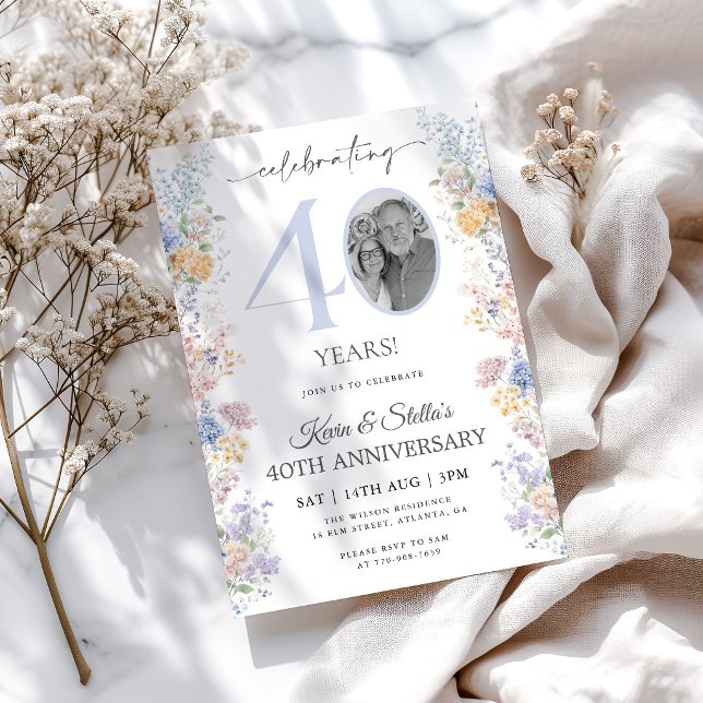 Convite de 40º Aniversário Floral Com Foto (Criador carregado)