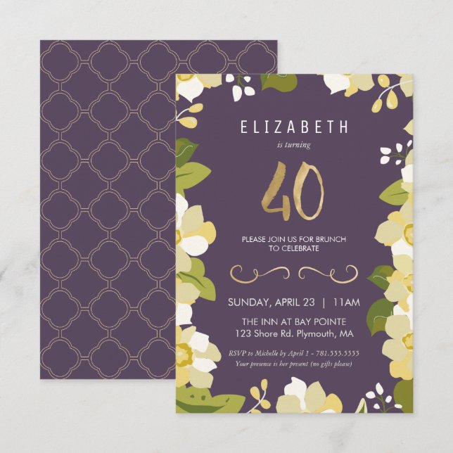 Convite de 40º Aniversário, Floral Personalizável  (Frente/Verso)