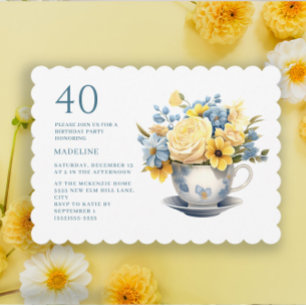 Convite de 40º Aniversário Flores Amarelas Azuis X