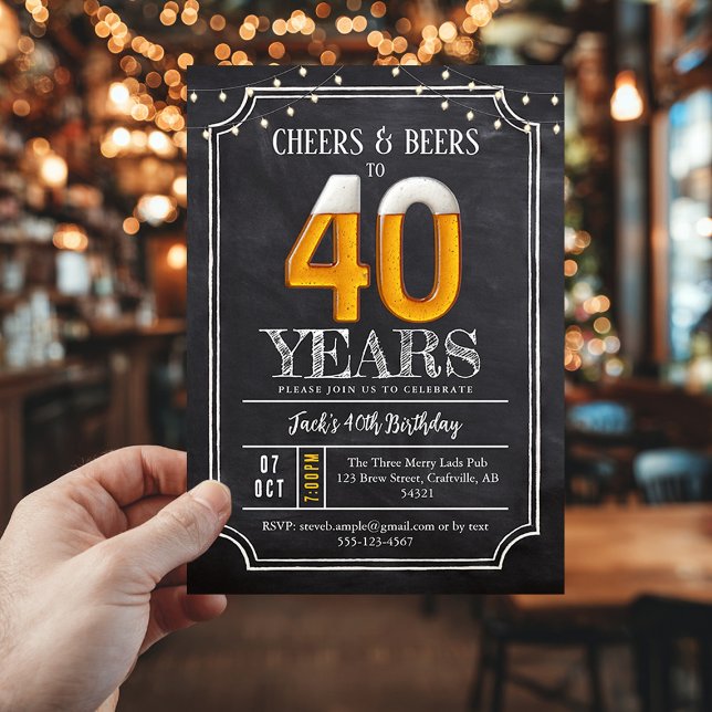 Convite de 40º Aniversário Masculino Cheers & Beer (Raise a glass to 40 years of good times with this Cheers & Beers 40th Birthday Invitation!)