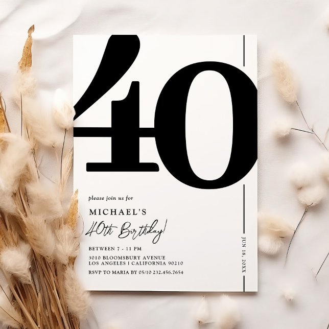 Convite de 40º Aniversário Preto e Branco Elegante (Criador carregado)