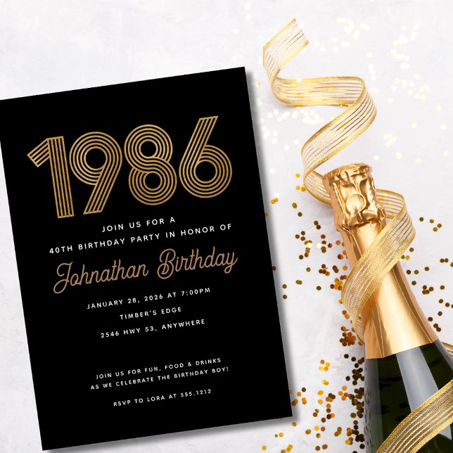 Convite de 40º aniversário preto e dourado falso d (1986 Black and Gold 40th Birthday Invitation)