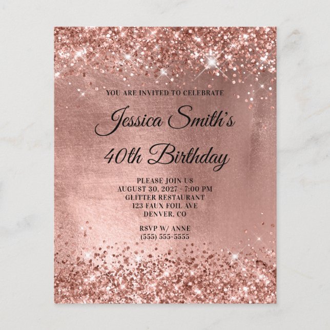 Convite de 40º Aniversário Rose Gold Shiny Glam (Frente)