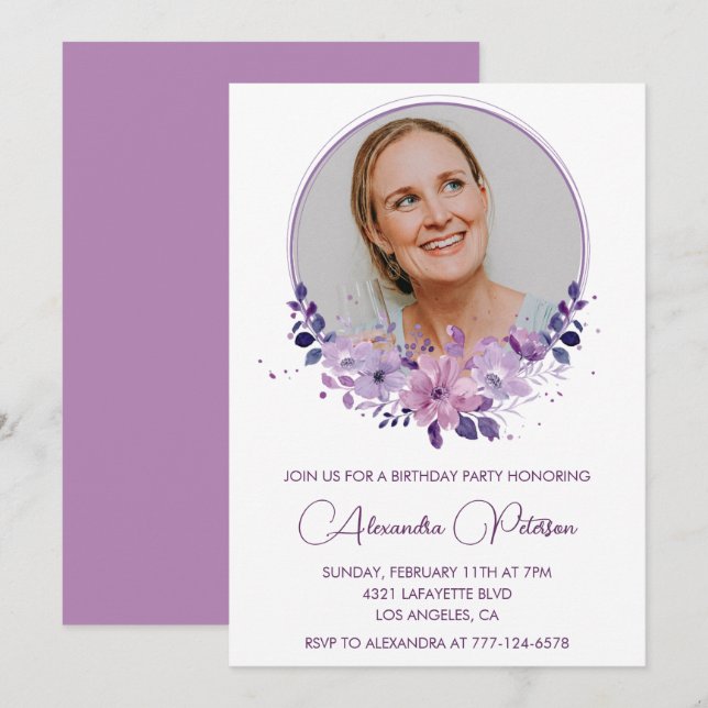 convite de 45 anos de idade Foto Boho roxo elegant (Frente/Verso)